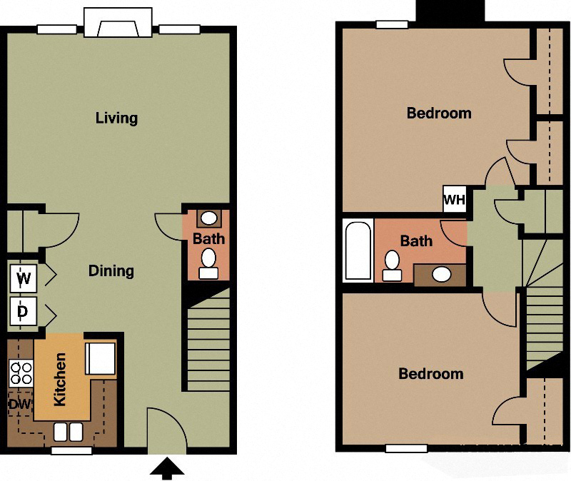 Floor plan for 2 beds, 1.5 baths, 1088 sqft